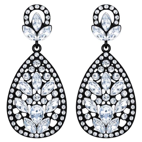 Carbon Black with White Diamond Austrian Crystal Teardrop Chandelier Earrings